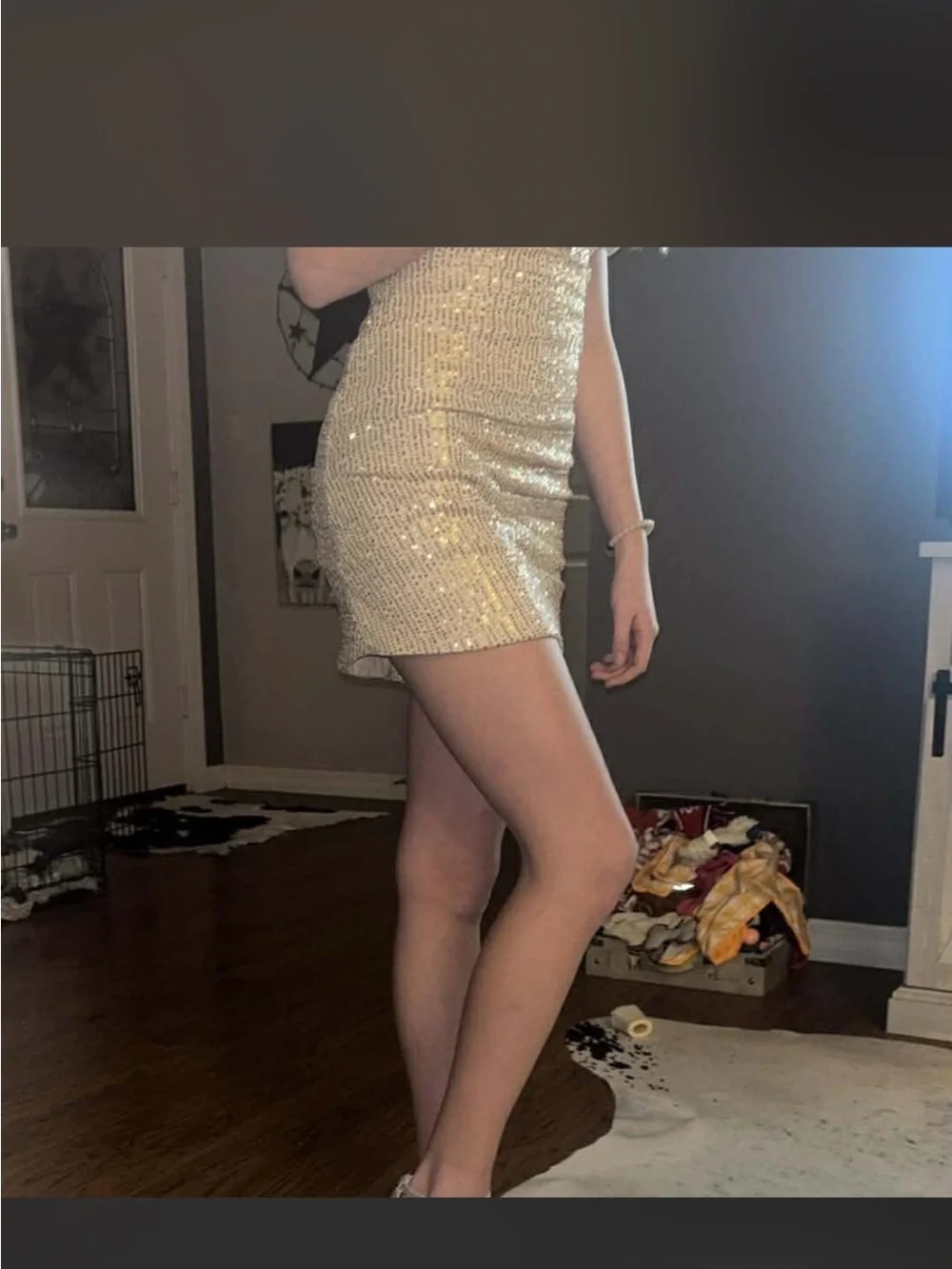 Gold Off-Shoulder Ruched Mini Dress - Picture 3 of 3